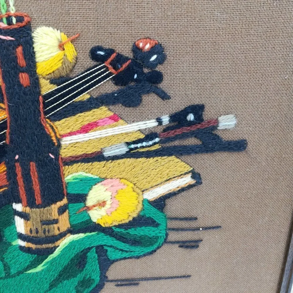 Vintage Completed Crewel Embroidery Picture Violin Rose Fruit Wine Romantic 70s